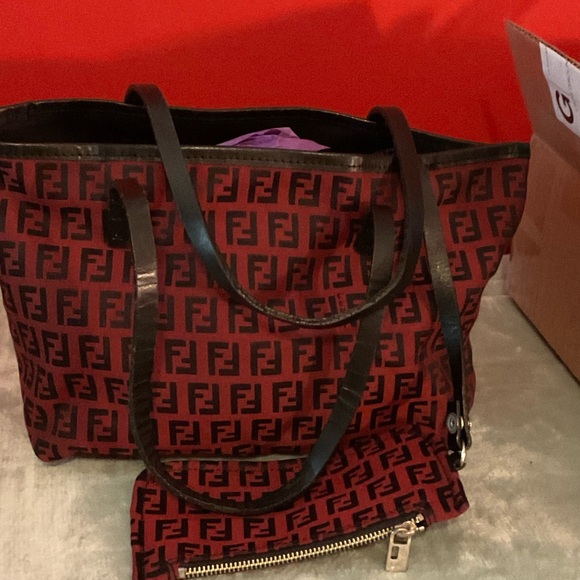 Fendi Red and Black Logo Canvas Tote with Matching Pouch 12X8 inch - Picture 2 of 12